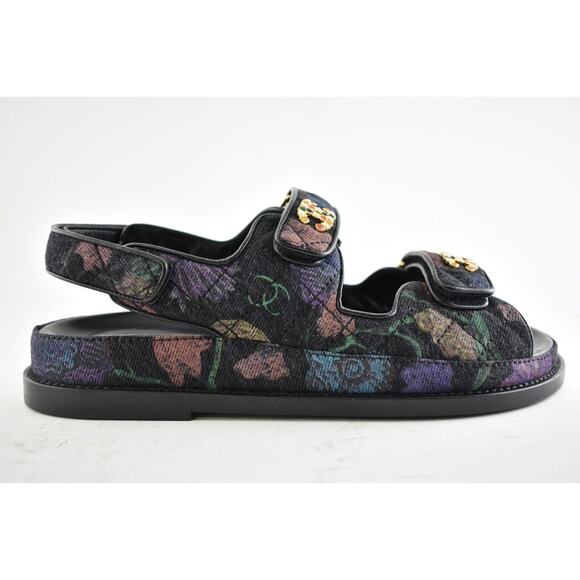 Chanel 21A Black Denim Graffiti CC Logo Mule Slide Strap Flat Dad Sandal 37.5 - Picture 1 of 11